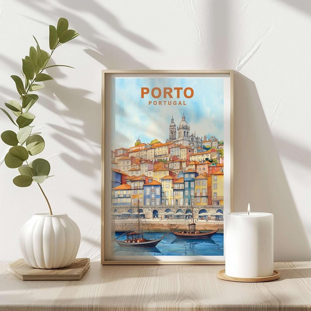 Porto Portugal Travel Poster – Retro Wall Art Featuring Colorful Riverside