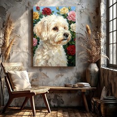 Wall Art White Dog Portrait with Roses Floral Oil Painting Style Canvas Print