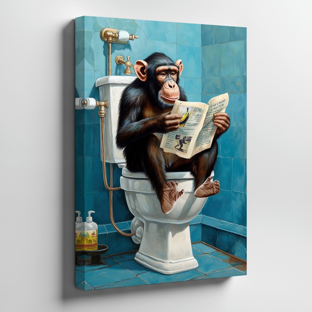 Funny Monkey Reading Newspaper Sitting On Toilet Humor Canvas Wall Art Print