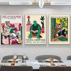 Cool Cats Turtle Owl National Library Week Vintage Poster Set Reading Decor