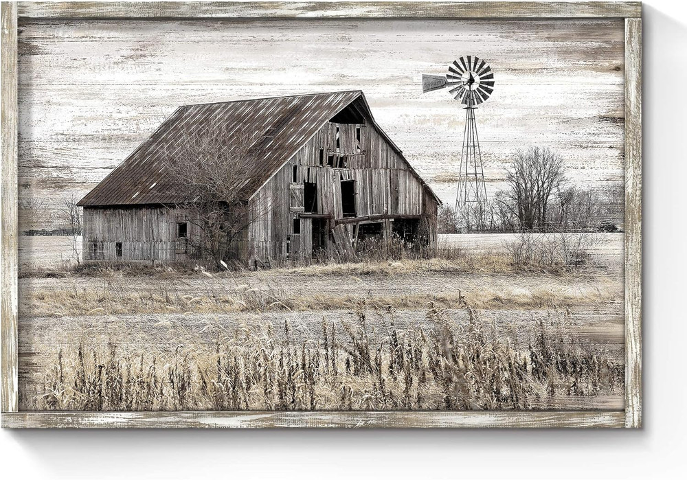 Rustic Farmhouse Wall Art: Vintage Barn & Windmill Framed Picture Decor