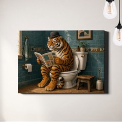 Tiger Poster Print Reading Newspaper on Toilet Whimsical Animal Art