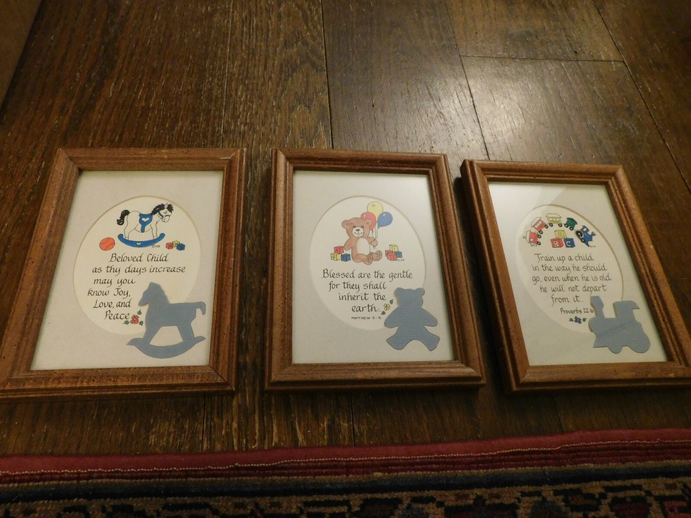 Lot 3 Vtg Framed & Cut out Mat TRAIN UP A CHILD Blessed are the Gentle Proverbs