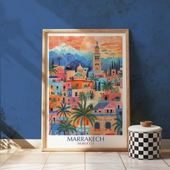 Marrakech Vintage Travel Poster Colorful Moroccan Cityscape Art Print