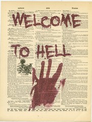 Set 6 Prints On Antique Dictionary Pages Halloween Scary Bloody Hands Wall Decor