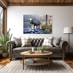 Moose Painting Print on Canvas Wall Art Wildlife Vintage Animals Cabin Decor