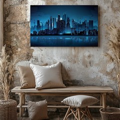 Modern Blue Cityscape Skyline Canvas Wall Art Urban Night Scene Digital Print
