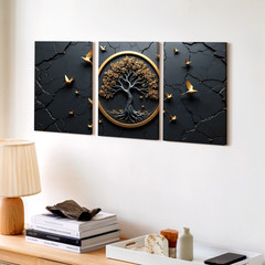 3 Pieces Golden Tree Birds Modern Gold Large Wall Art Set for Living Set Of 3