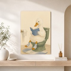 Funny Duck Reading Book on Toilet Canvas Print Whimsical Bathroom Wall Art