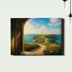 Arched Doorway Coastal Cliff Lighthouse Wall Art Scenic Seaside Landscape