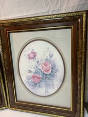 Vintage Pair Pink Rose Floral Prints Faux Burlwood Gold Tone Frames 17×14