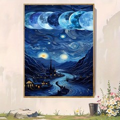 Framed Canvas Van Gogh Starry Night Moon Phase Village River Abstract Decor