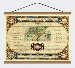 Ancient 1590 Old Antique World Maps; 100% Cotton Canvas, Magnetic Wooden Hanger