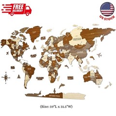 Multilayer 3D Wooden World Map, Travel Map States and Capitals, Wall Decor