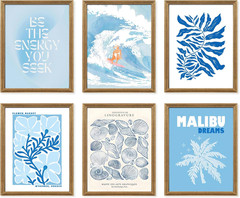 Coastal Blue Wall Art Set of 6 Framed Beach Prints for Home Decor 8×10 Inch