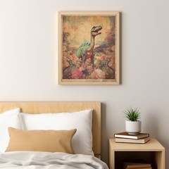 Vintage DINOSAUR BOTANICAL Wall Art, Jurassic Flower Decor, Dino Floral Print