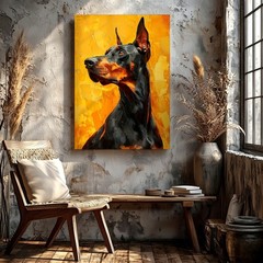 Wall Art Black Tan Doberman Portrait Oil Painting Style Dog Canvas Print Decor