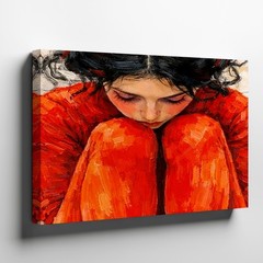 Thoughtful Woman Portrait Vibrant Red Clothing Dark Hair Gallery Canvas Decor
