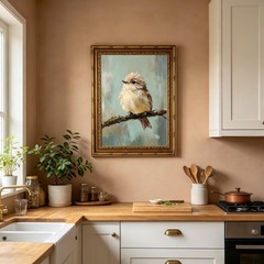 Gold Framed Bird Canvas Wall Art Vintage Bird Beige Sparrow painting Decor