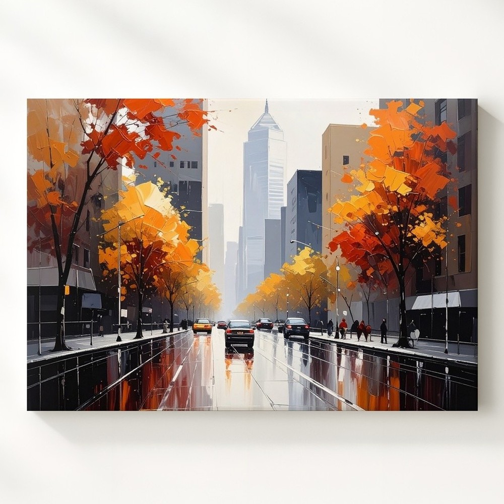 Rainy Autumn Cityscape Canvas Vibrant Urban Street Scene Art Wall Art