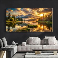 Golden Sunrise Mountains With Reflecting Water Canvas Painting Wall Art Picture