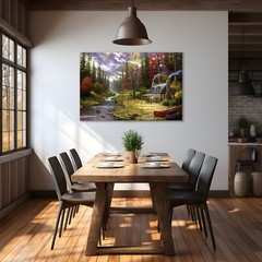 Vintage Rustic Cabin Fly Fishing Autumn Forest Painting Canvas Wall Art Print