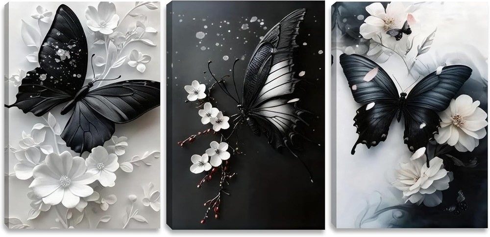 3 PCS 2D Butterfly Canvas Wall Art White Black 12x16in