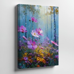 Pink And Yellow Flowers Floral Canvas Wall Art Landscape Forest Scene Print