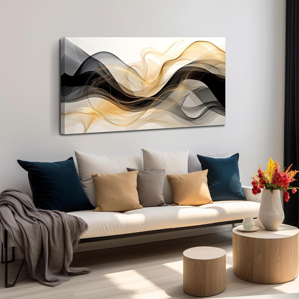 Modern Black and White Abstract Canvas Art with Gold Accents for Home Decor