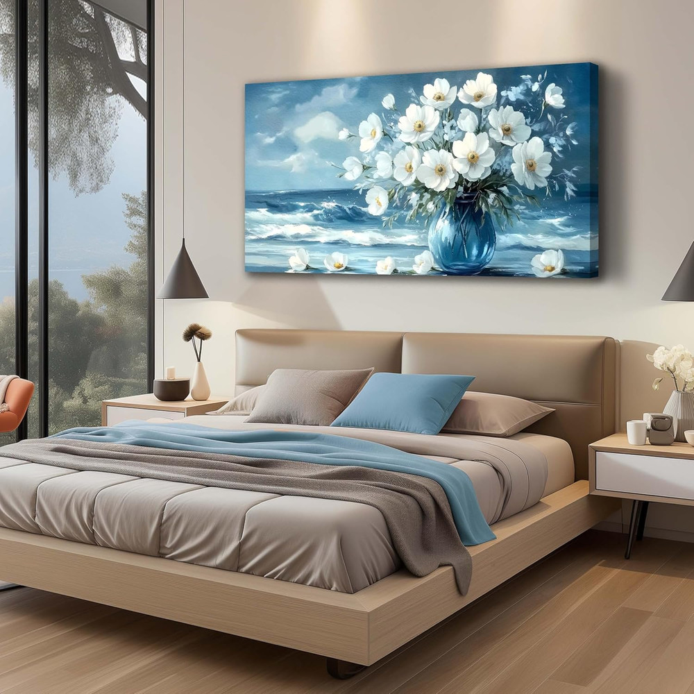 Blue and White Flower Canvas Wall Art for Living Room and Bedroom, 48×24 Inches