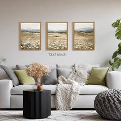 White Wildflowers Wall Art Set of 3, Neutral Meadow Landscape Wall Decor, Minima