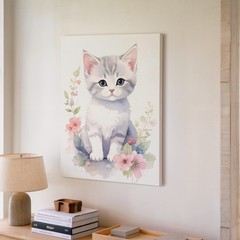 Watercolor Kitten & Floral Wreath Canvas Soft Pastel Feline Art Some Moments