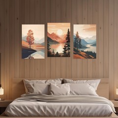Boho Canvas Wall Art 3 Piece Minimalist Bohemia Picture Sunrise Mountain Tree…