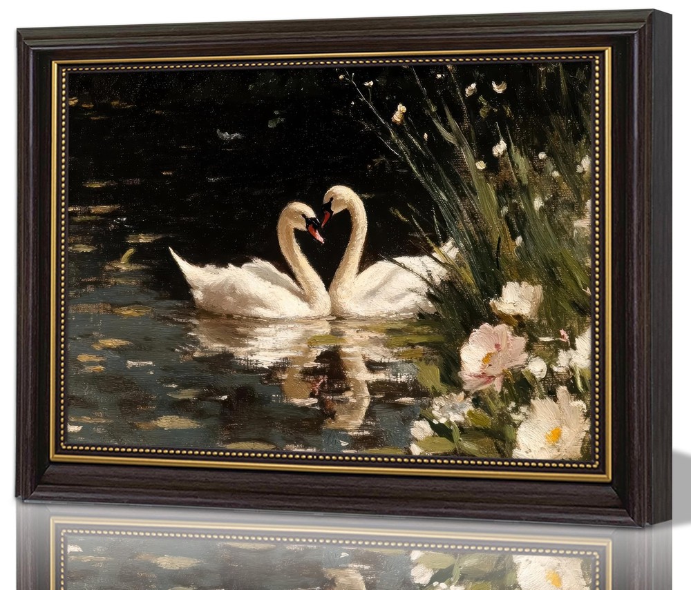 Framed Classical Swan Canvas Wall Art Romantic White Swan Painting Picture Wa…