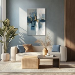 Abstract Blue Grey Gold Oil Painting Print, Framed Canvas Wall Art, Modern Decor