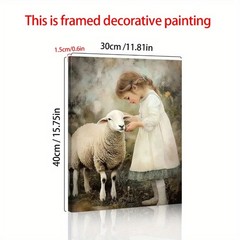 Vintage Little Girl Feeding Sheep Canvas Wall Art, Soft Neutral Farmhouse Decor