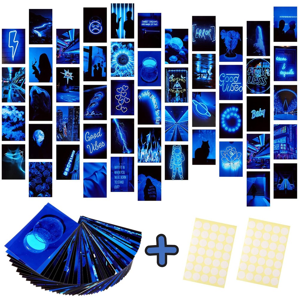 Ctosree 50 Pcs Blue Neon Wall Collage Kit 4×6 Inches Indie Room Decor
