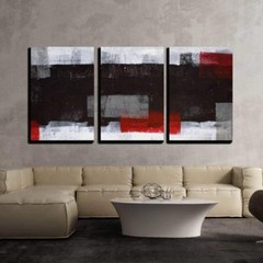 Wall26 – Grey and Red Abstract Art Painting – Canvas Wall Art – 16″x24″x3 Panels