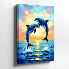 Wall Art Dolphin Pair Ocean Sunset Canvas Print Colorful Coastal Home Decor