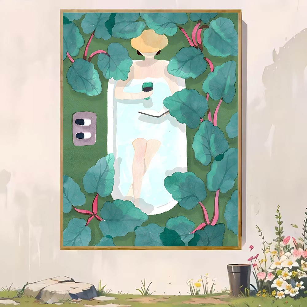 Framed Canvas Top View Woman Bathing Green Leaf Boho Bathroom Decor