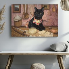 Baking Black Cat Canvas Anthropomorphic Feline In Kitchen With Apron When A Wall