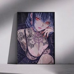 Cyberpunk Anime Girl Poster, Gothic Red Eyes Manga Art, Black White Wall Decor