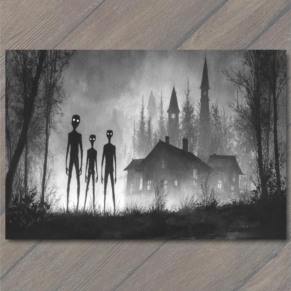 Art Print Spooky Alien Figures Gothic House Mist Trees Monochrome Horror Shadows