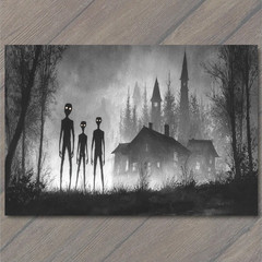 Art Print Spooky Alien Figures Gothic House Mist Trees Monochrome Horror Shadows