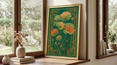 Art Nouveau Green Poppy Flower Poster Vintage Mucha Style Floral Wall Art Print