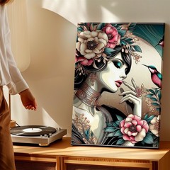 Wall Art Art Nouveau Woman Floral Portrait with Hummingbirds Decorative Print