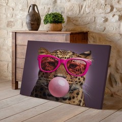 Leopard with Pink Sunglasses Blowing Bubblegum Canvas Wall Art Animal Decor