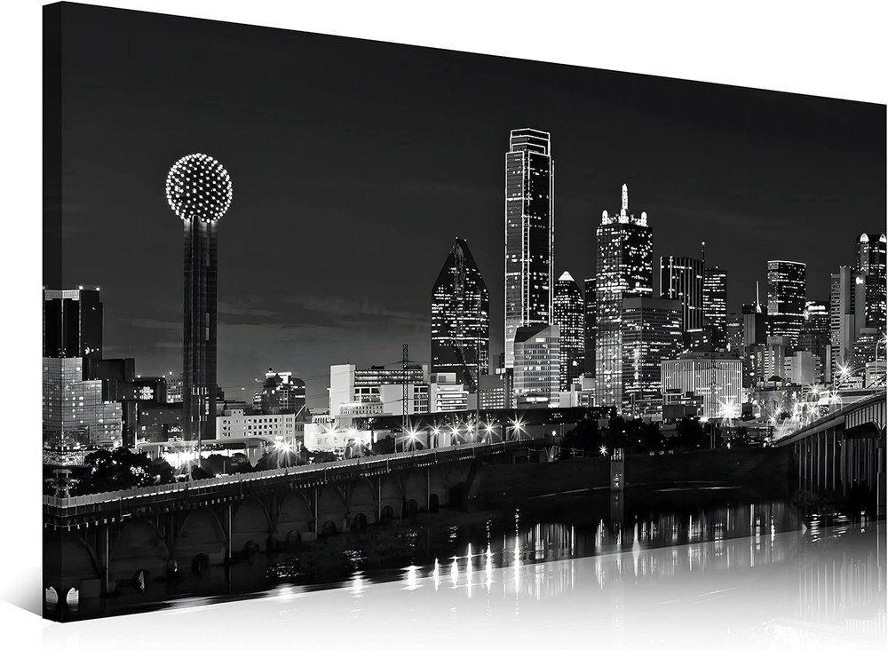 Dallas Skyline Canvas Art – Black & White Cityscape Night Scene Decor