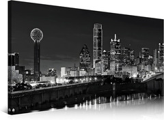 Dallas Skyline Canvas Art – Black & White Cityscape Night Scene Decor