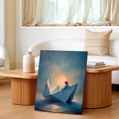 Wall Art Origami Paper Boat Sunset Ocean Surreal Figure Minimalist Print Decor